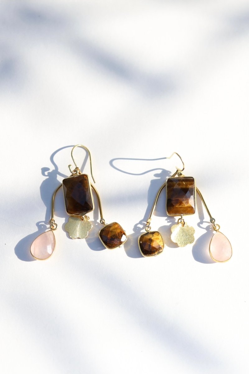 Boucles Murmure Libre — Quartz Rose & Œil de Tigre - Mathilde ma muse : bijoux de créateur