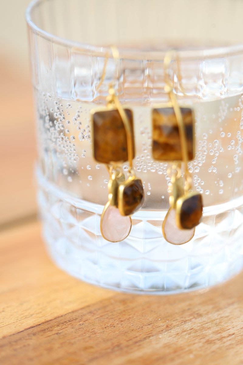 Boucles Murmure Libre — Quartz Rose & Œil de Tigre - Mathilde ma muse : bijoux de créateur