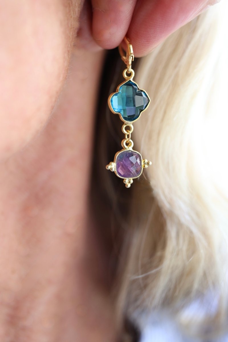 La Byzantine — boucles d'oreilles topaze bleue et améthyste - Mathilde ma muse : bijoux de créateur