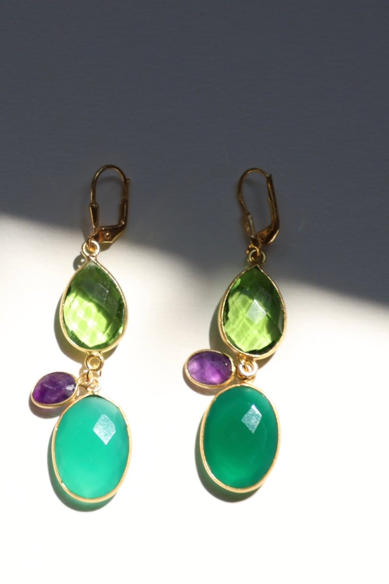 La Cascade — boucles d'oreilles quartz bleu azur, améthyste et agate verte - Mathilde ma muse : bijoux de créateur