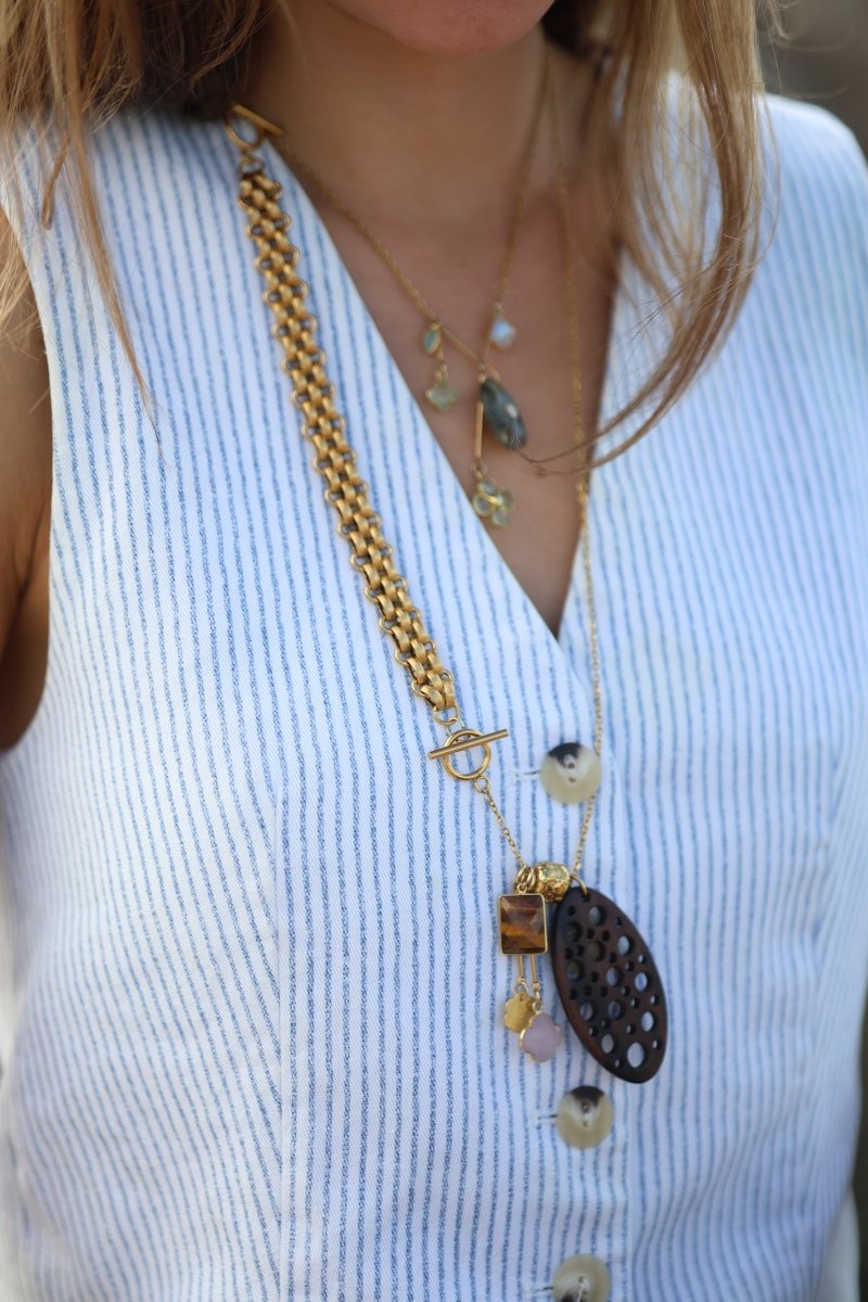 Sautoir Bois Précieux — Quartz Rose & Œil de Tigre - Mathilde ma muse : bijoux de créateur