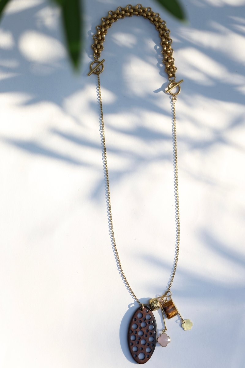 Sautoir Bois Précieux — Quartz Rose & Œil de Tigre - Mathilde ma muse : bijoux de créateur