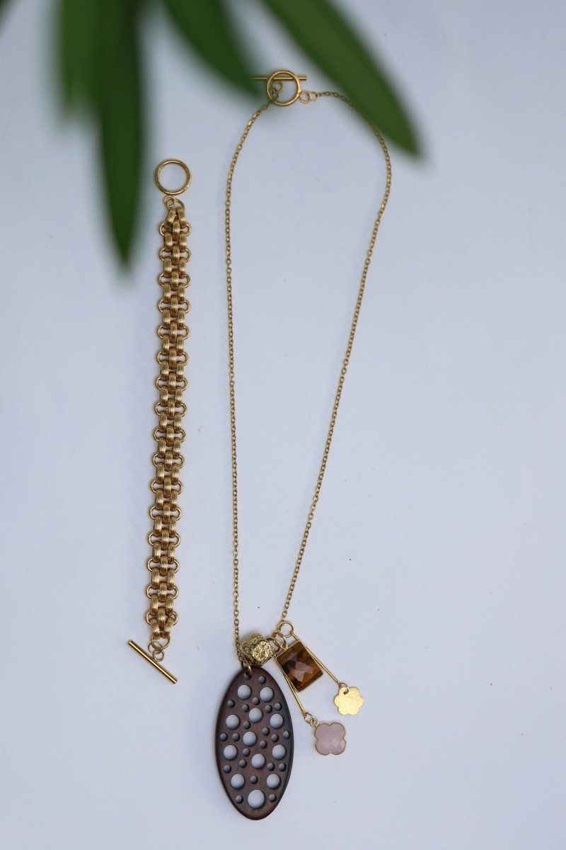 Sautoir Bois Précieux — Quartz Rose & Œil de Tigre - Mathilde ma muse : bijoux de créateur