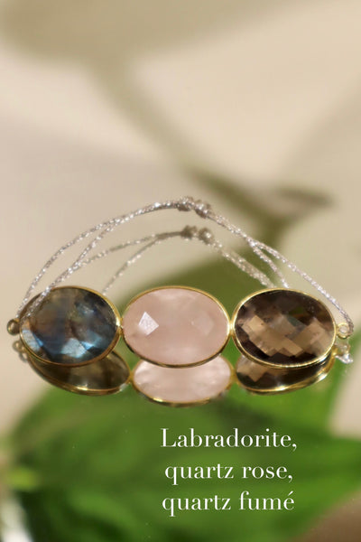 Bracelet fil pierres semi-préciseuses labradorite et quartz