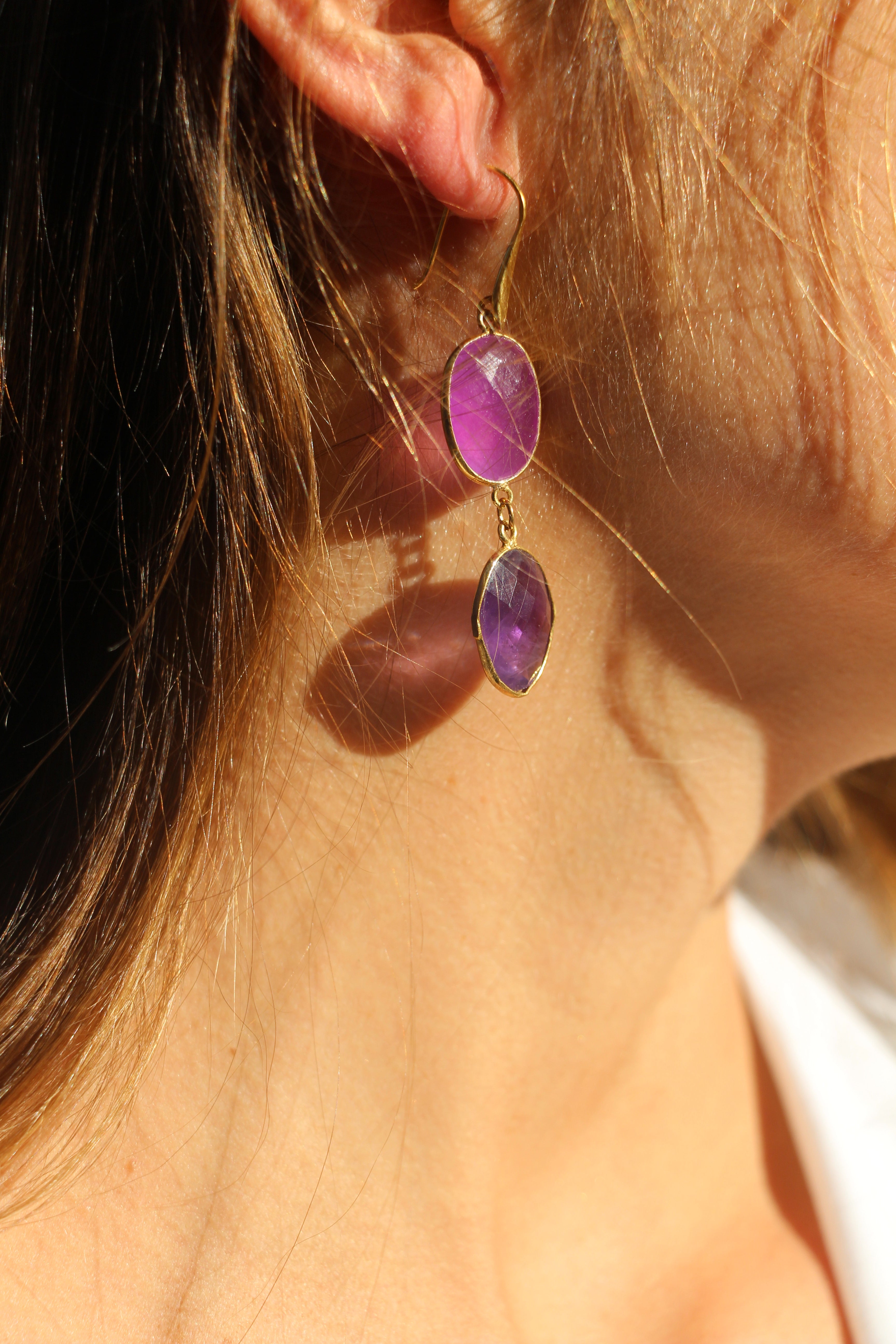 Boucles d'Oreilles Calcédoine Mauve et Améthyste