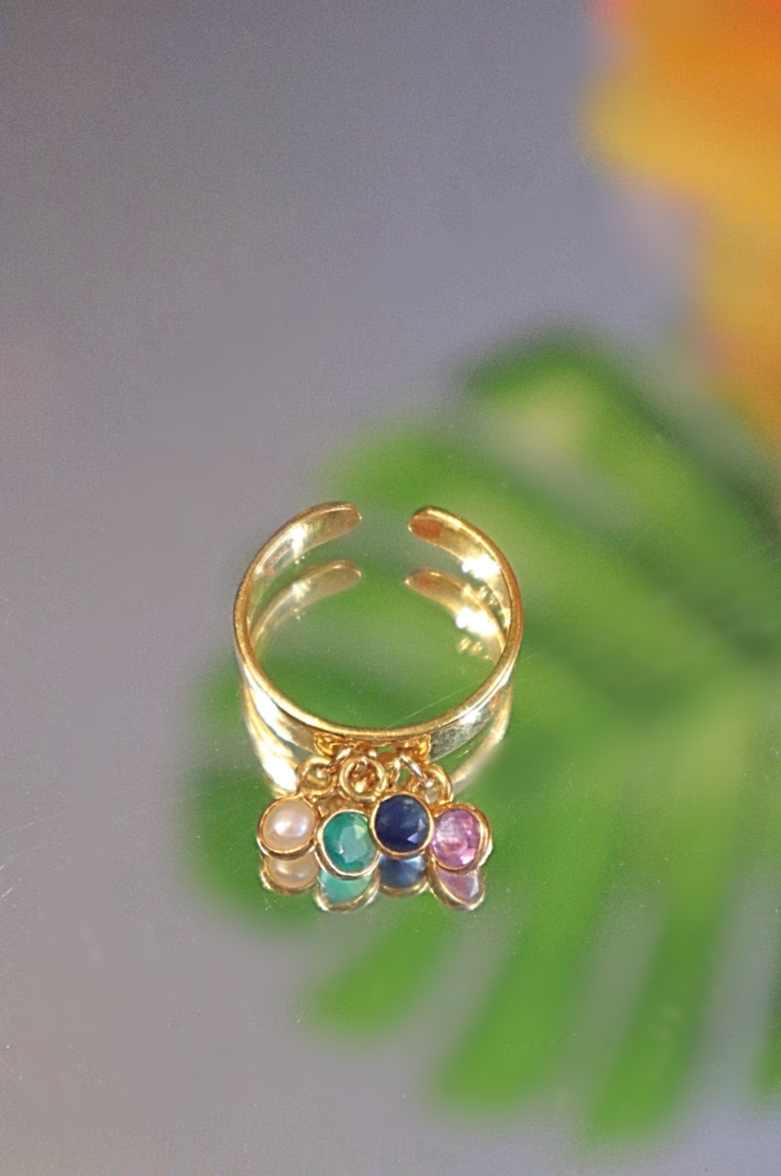 Legato ring in 925 silver or gold with 4 semi-precious stones, adjustable