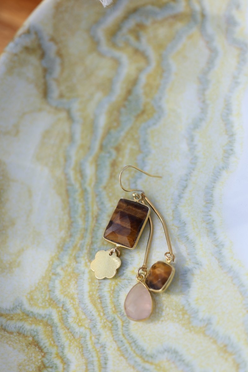Boucles Murmure Libre — Quartz Rose & Œil de Tigre - Mathilde ma muse : bijoux de créateur