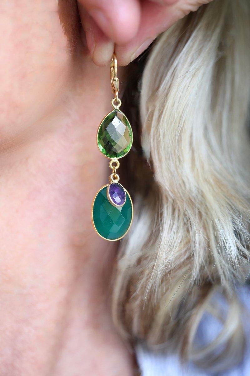 La Cascade — boucles d'oreilles quartz bleu azur, améthyste et agate verte - Mathilde ma muse : bijoux de créateur