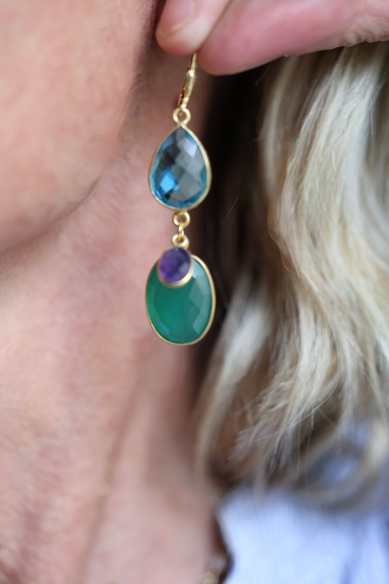 La Cascade — boucles d'oreilles quartz bleu azur, améthyste et agate verte - Mathilde ma muse : bijoux de créateur